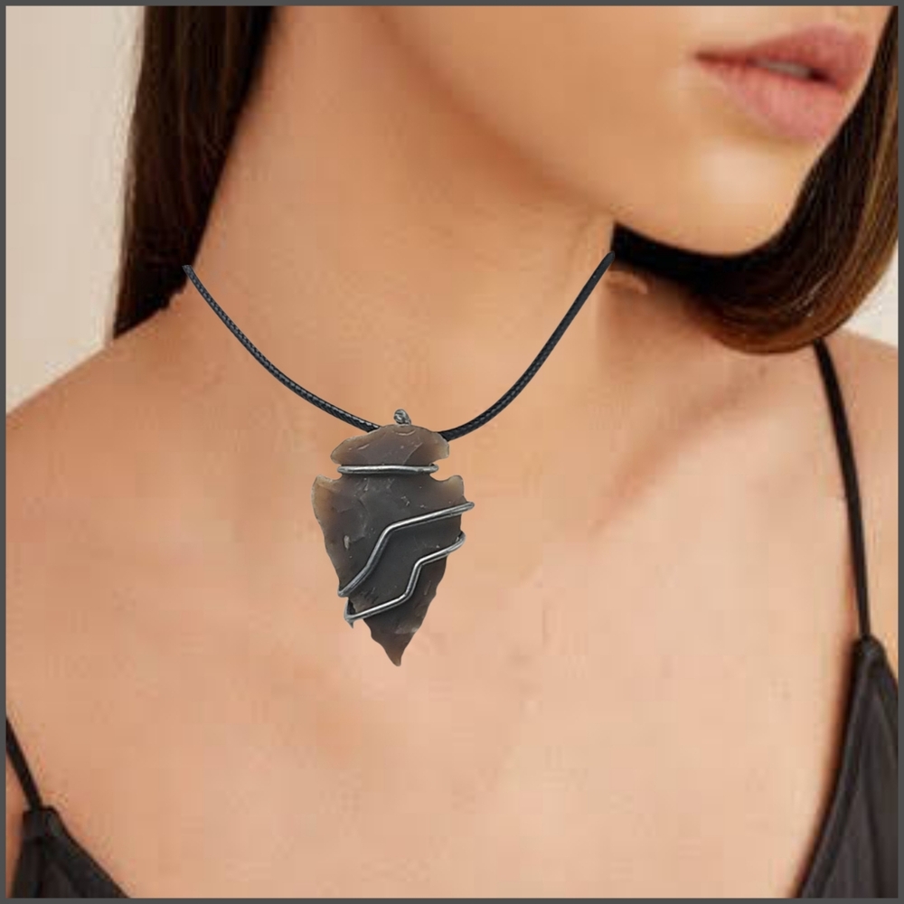 Hand-wired Brown Arrowhead Stone Pendant with Black Cord Necklace